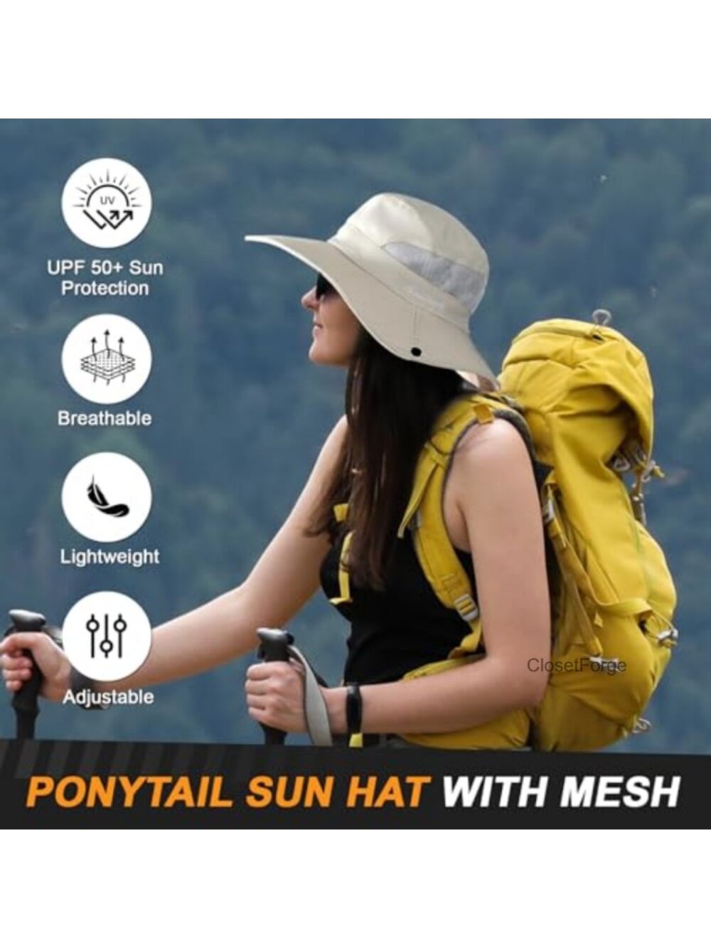 Women's Sun Hat with Ponytail Hole, UV Protection Foldable Beach Fishing Hat - Picture 4 of 6